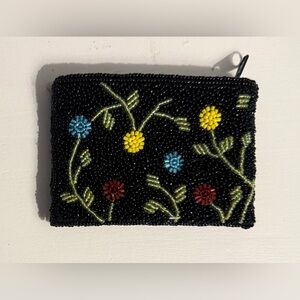 Small Vintage Black Beaded Floral Coin Purse